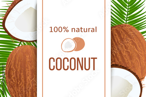 Whole and cracked Ripe coconuts and palm leaves with stripe text 100 percent natural. Vertical label. Tropical