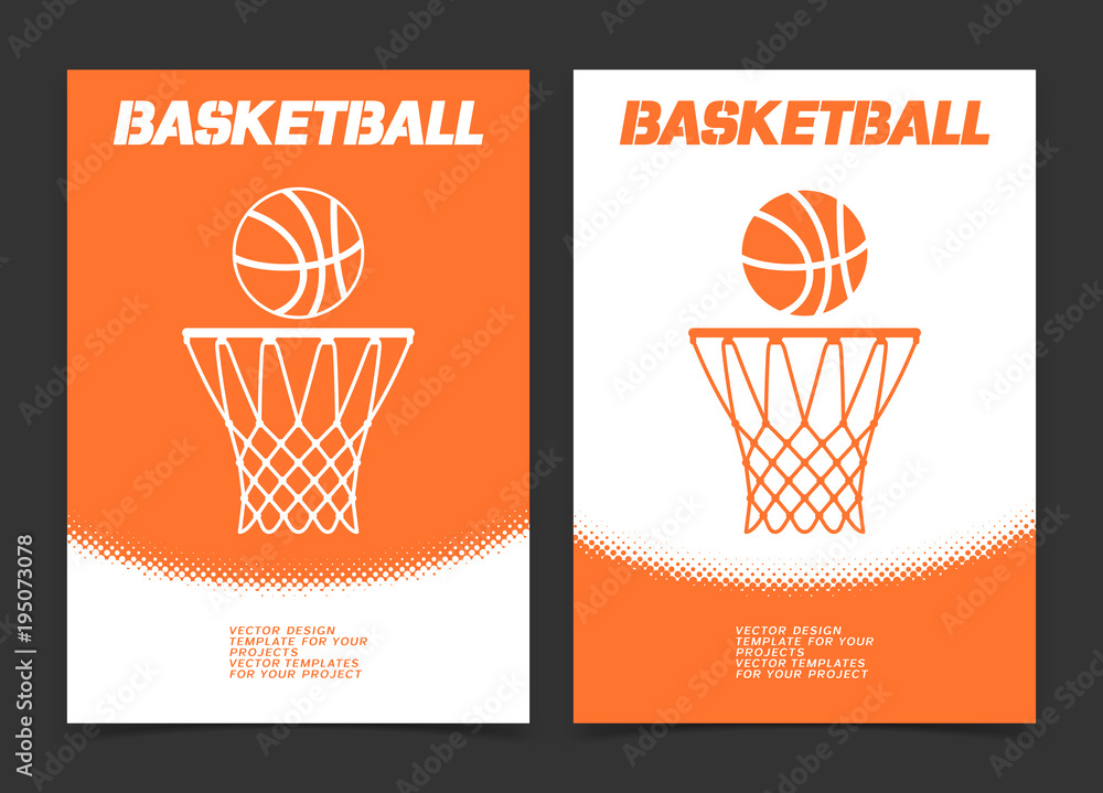 Obraz premium Basketball brochure or web banner design with ball and hoop icon