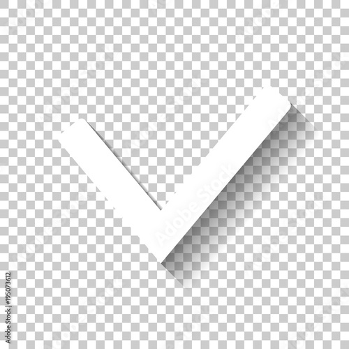 Check mark icon. White icon with shadow on transparent background