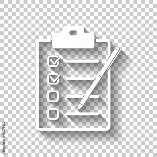 Checklist with pen icon. White icon with shadow on transparent background