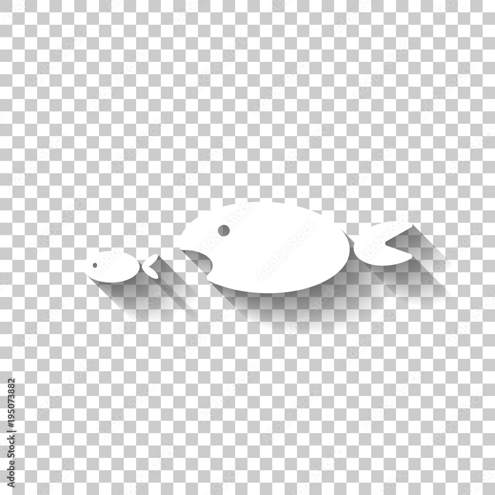 fish eating fist. White icon with shadow on transparent background