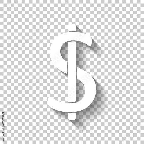 Dollars sign and USD symbol icon. White icon with shadow on transparent background