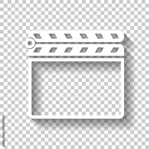 Film clap board cinema close icon. White icon with shadow on transparent background