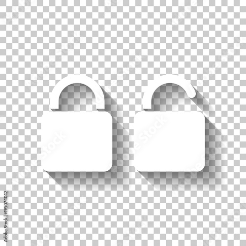 Lock and unlock Icon. White icon with shadow on transparent background