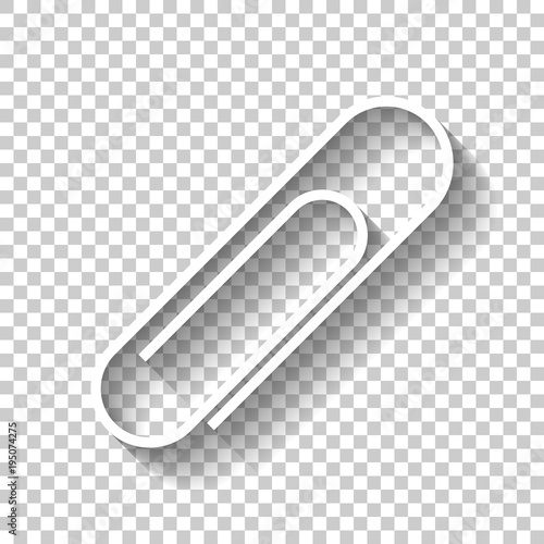 Paper clip icon. White icon with shadow on transparent background
