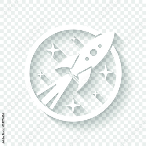 rocket launch with stars in circle icon. White icon with shadow on transparent background