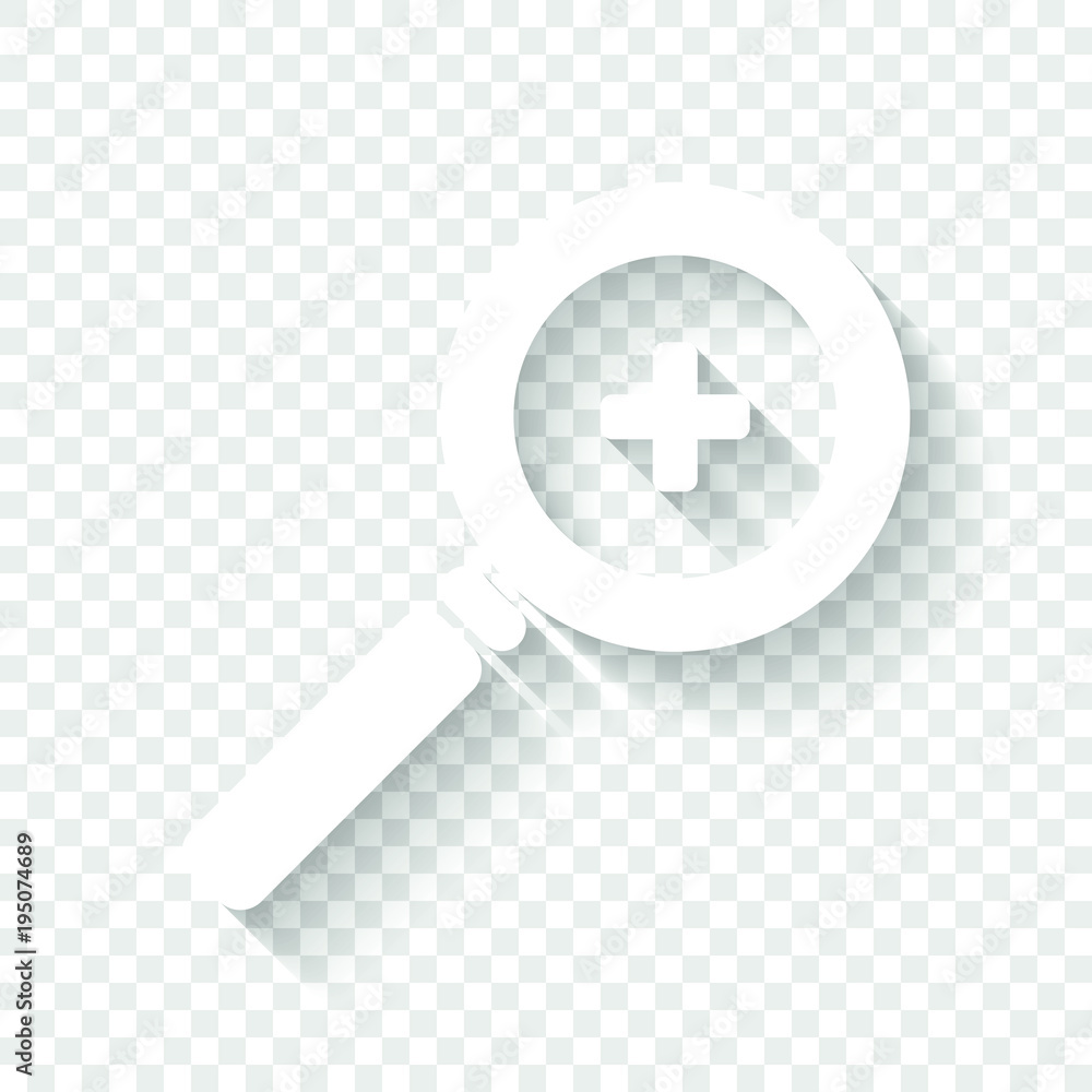 Zoom In icon. White icon with shadow on transparent background Stock