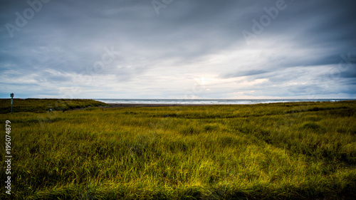 Dark Sky and Rolling Cloud Covering A Vast Field Of Green Grasses With The Ocean and Beach At The Back In Long Beach Washington