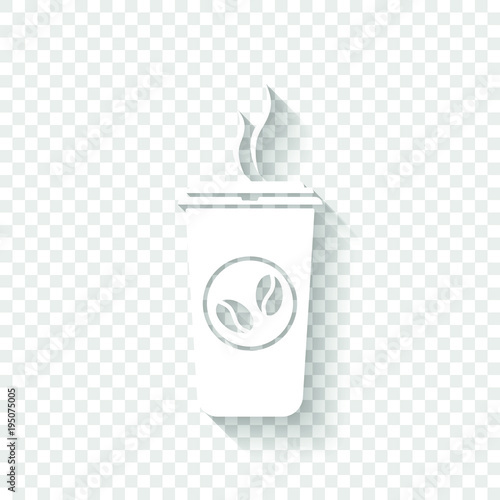 cup of hot coffee icon. White icon with shadow on transparent background
