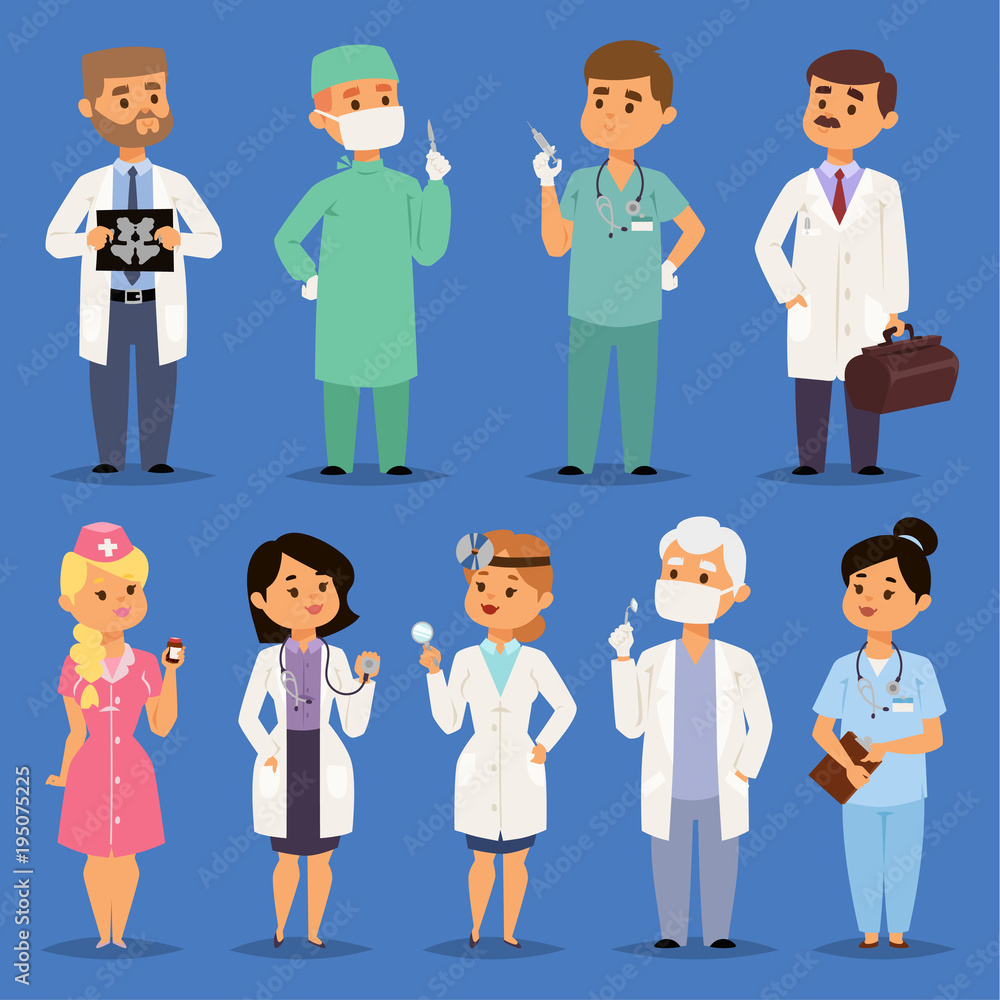 Doctors vector male and female doctoral character portrait or professional medical worker physician or medic nurse in clinic illustration set of hospital staff isolated on background