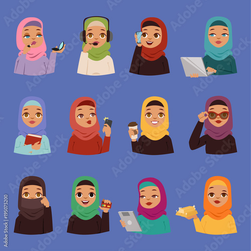 Muslim religious arabic vector adult women in traditional islamic hijab dress. Cute cartoon arabic girls traditional dress ethnicity religious people. Business arabic women portrait beautiful hijab