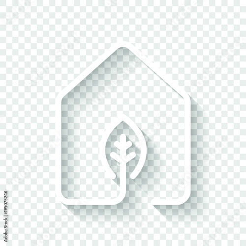 house with eco leaf icon. line style. White icon with shadow on transparent background