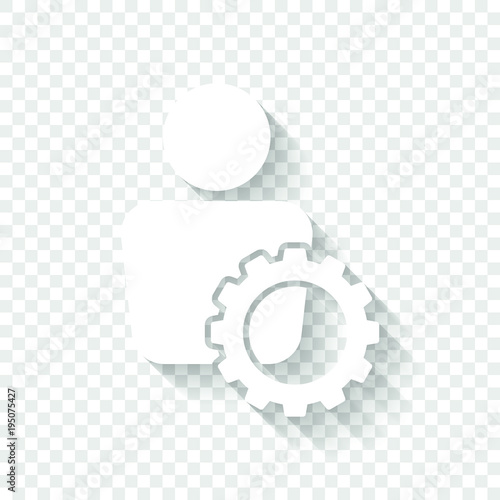 human with gear icon. White icon with shadow on transparent background