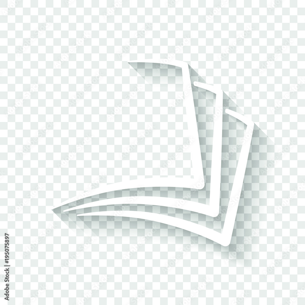 sheet of book, paper. White icon with shadow on transparent background