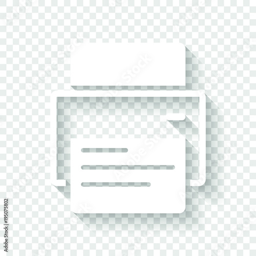 printer and paper. White icon with shadow on transparent background