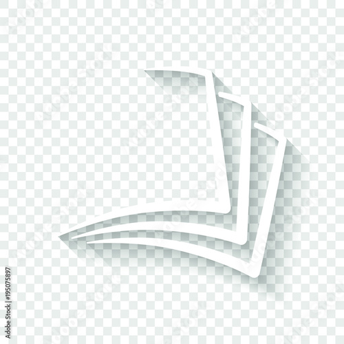 sheet of book, paper. White icon with shadow on transparent background