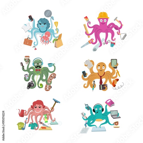 Octopus in business vector illustration octopi character of businessman constructor or housewife doing multiple tasks set of multitasking octopuses isolated on white background