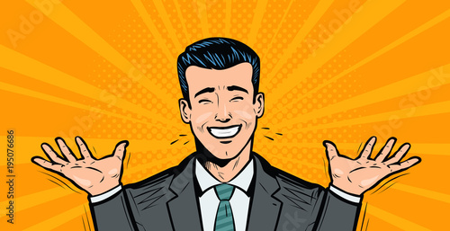 Happy businessman or student rejoices at success. Business concept. Cartoon in pop art retro comic style, vector illustration
