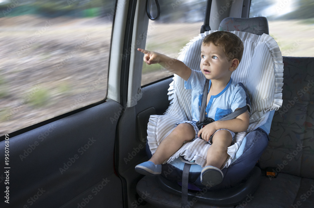 Cute little boy observing the countryside from his car safety seat. Cute little boy observing the countryside from his car safety seat.