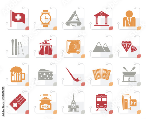 Stylized Switzerland industry and culture icons  - vector icon set