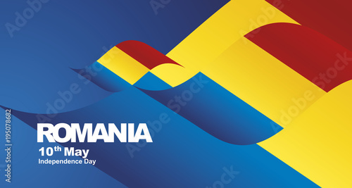 Independence Day Romania flag ribbon landscape background greeting card
