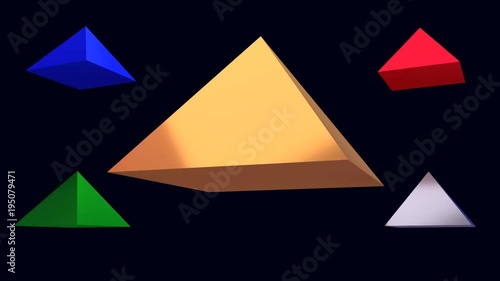 3D-Rendering von fünf schwebenden, rotierenden, glänzenden Pyramiden