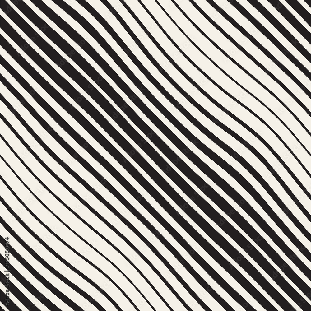 Vector seamless black and white hand drawn diagonal wavy lines pattern. Abstract freehand background design