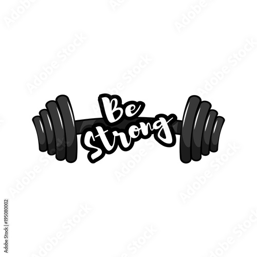 Dumbbell in hand. Stay strong, lettering. Gym, fitness label. Vector illustration