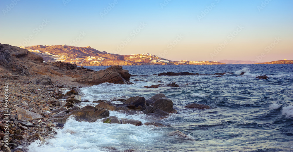 Beach sunset in Mykonos, Greece