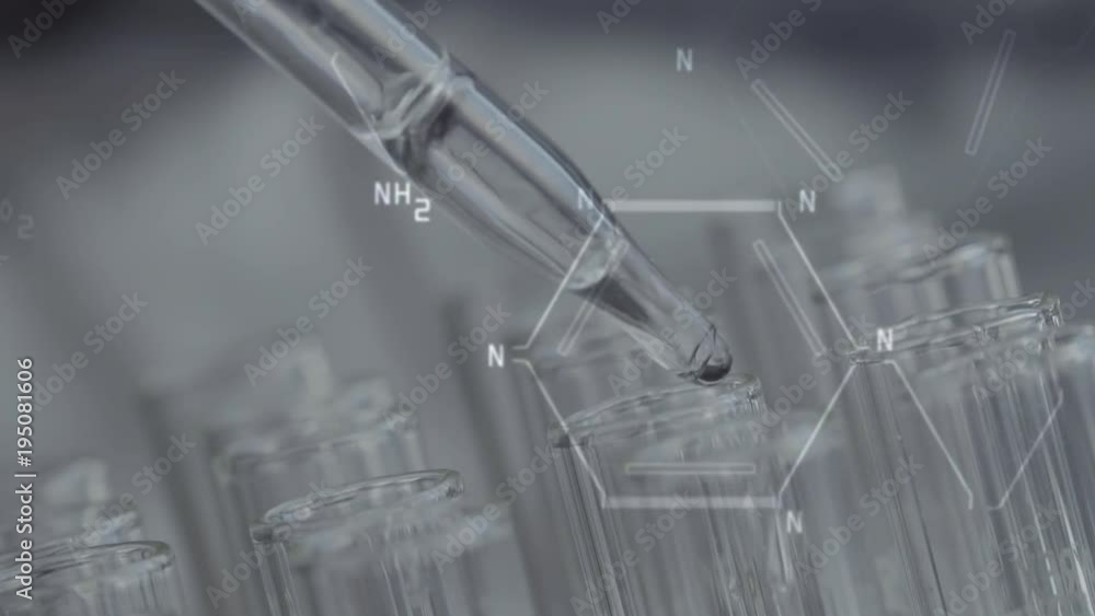 Close up of laboratory scientist working with a pipette analyzes and extract the DNA or molecules in the test tubes.on blue background with virtual interface Close up of laboratory scientist working with a pipette analyzes and extract the DNA or molecules in the test tubes.on blue background with virtual interface