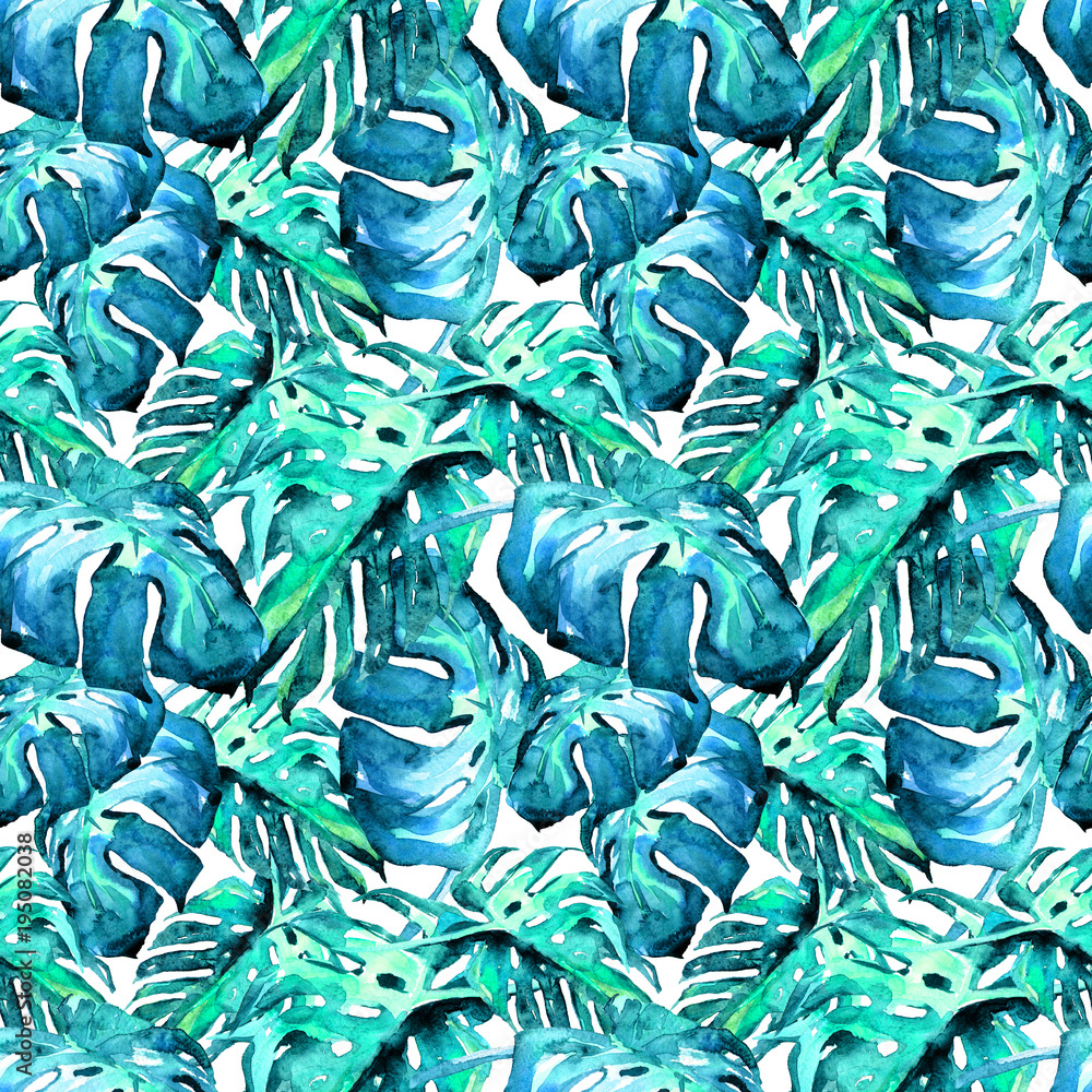 Watercolor Seamless Pattern. Hand Painted Illustration of Tropical Leaves and Flowers. Tropic Summer Motif with Liana Pattern.