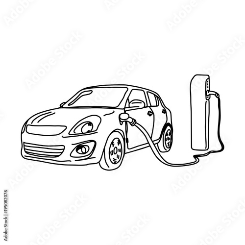 electric car and charging station vector illustration sketch hand drawn with black lines isolated on white background