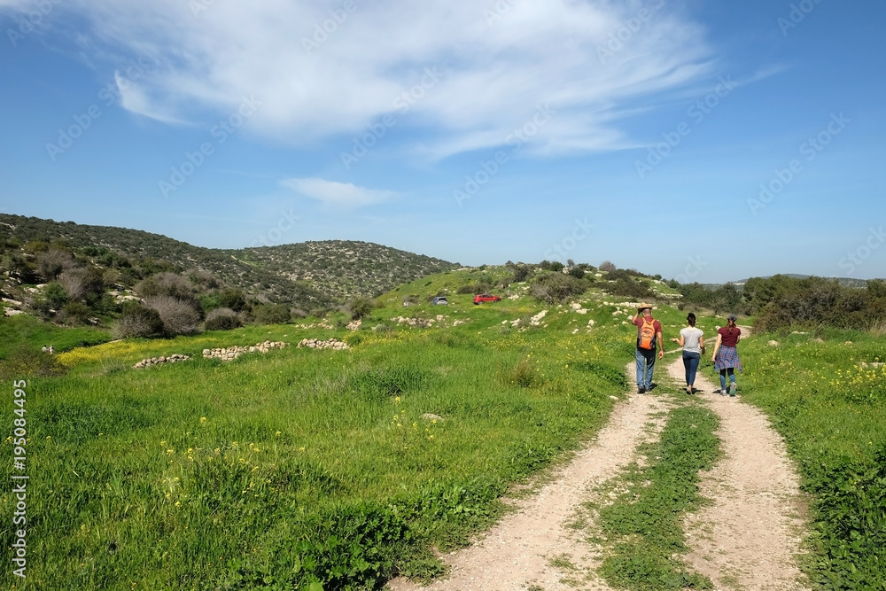 Family walk by tourist route in spring