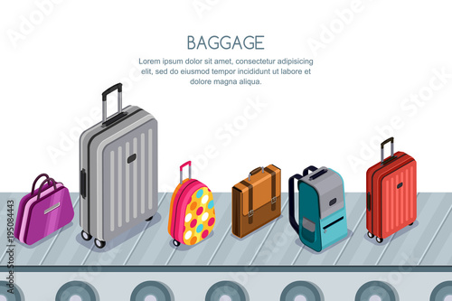 Multicolor luggage, suitcase, bags on conveyor belt in airport terminal. Vector 3d isometric illustration. Concept for checked baggage claim, travel by aircraft and tourism.