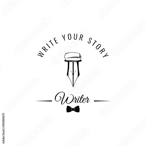 Feather quill pen flat icon. Writer logo with bow tie. Write your story lettering. Vector illustration.