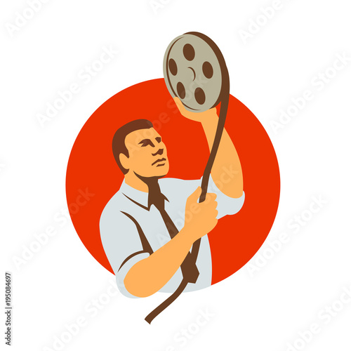 Retro style illustration of a film editor holding a film canister looking at film reel and editing raw footage in post-production set inside circle on isolated background.