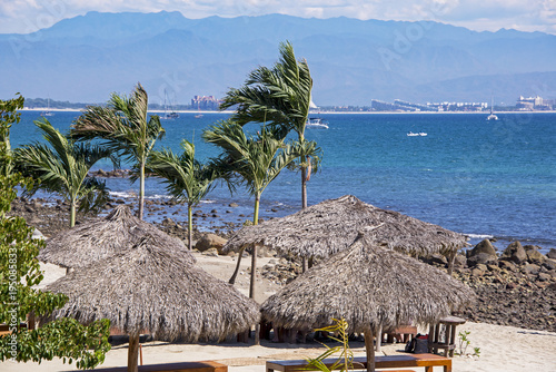  Pacific Ocean with palm palapas photo