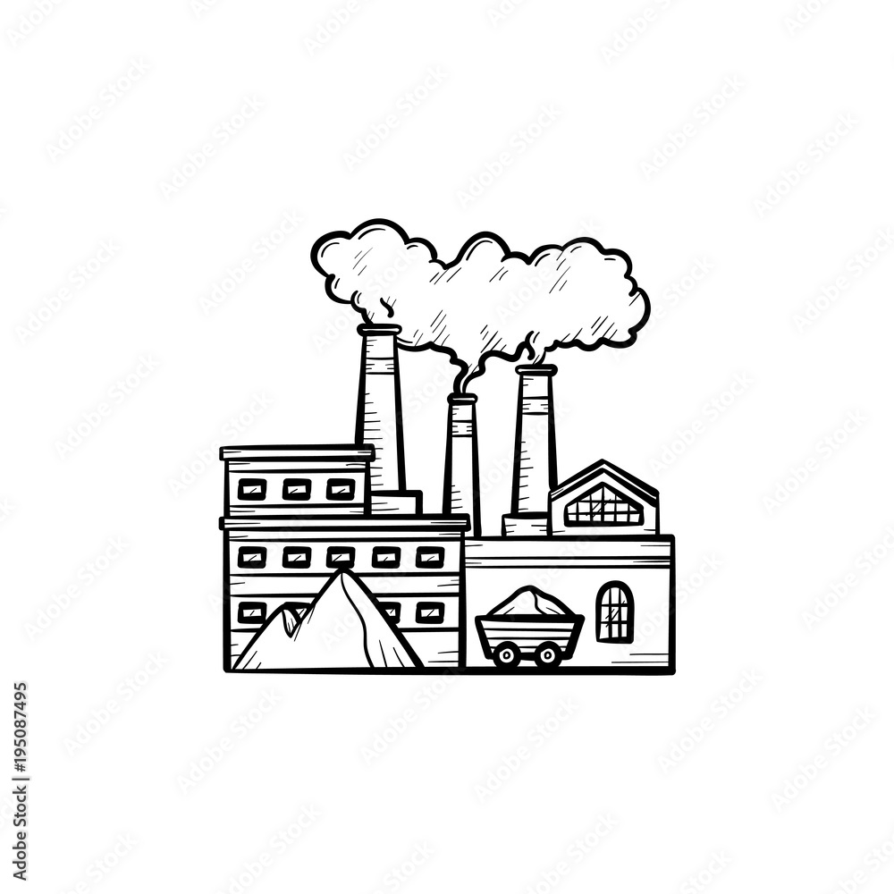 Factory hand drawn outline doodle icon. Ecology pollution concept. Manufacturing factory with smoke pipes vector sketch illustration for print, web, mobile and infographic isolated on white background