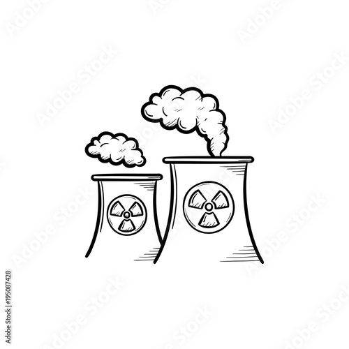 Nuclear power plant with smoke hand drawn doodle icon. Pollution of environment due to nuclear power plant vector sketch illustration for print, mobile and infographics isolated on white background.