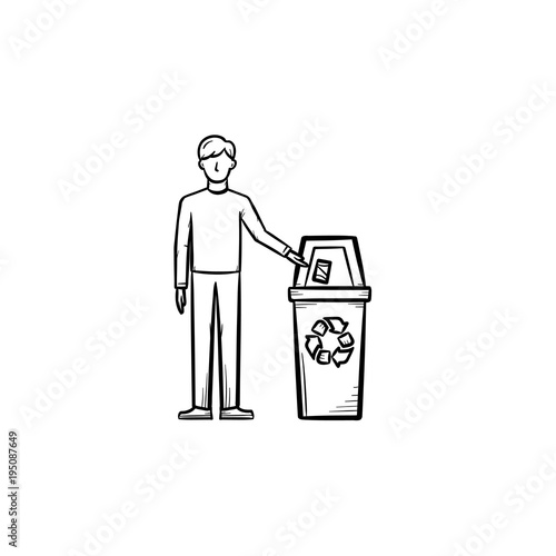 Man throwing garbage into a trash bin hand drawn outline doodle icon