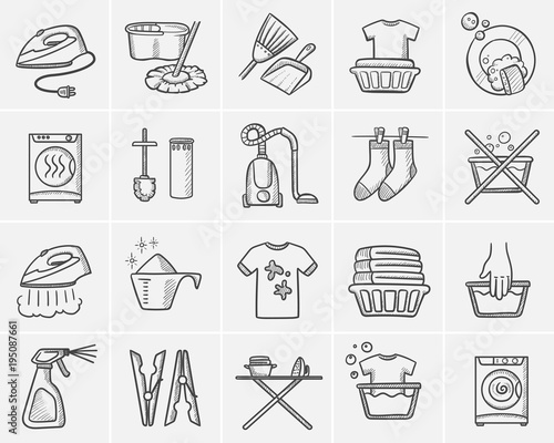 Laundry sketch icon set for web, mobile and infographics. Hand drawn Laundry vector icon set isolated on white background.