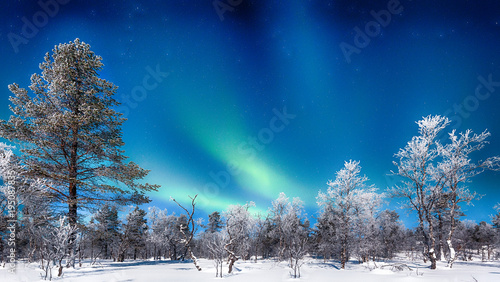 Obraz na płótnie Aurora Borealis over winter wonderland scenery in Scandinavia w salonie