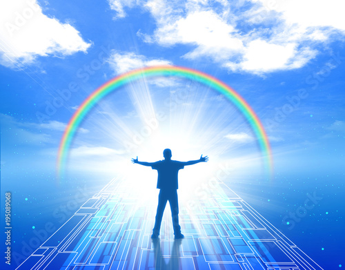 未来希望未知人物男性成功達成明るい未来青空虹stock Illustration Adobe Stock