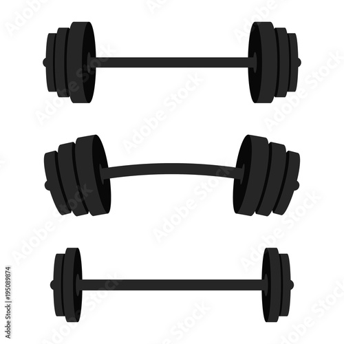 Set of barbells. Black barbells for gym, fitness and athletic centre. Weightlifting and bodybuilding equipment