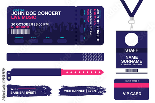 Concert ticket, bracelets, lanyards, identification card for access control to event. Festival wristband, web banners for event advertising