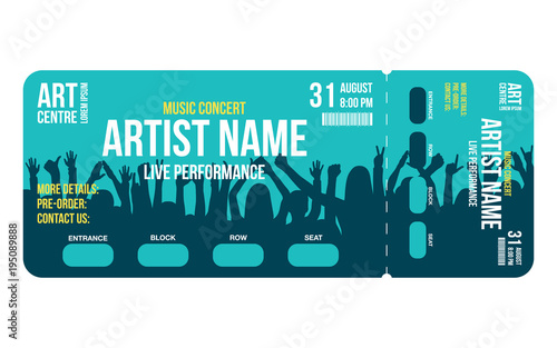 Concert ticket template. Concert, party or festival ticket design template with people crowd on background