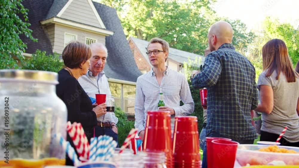 Middle aged and senior neighbours talking at a block party