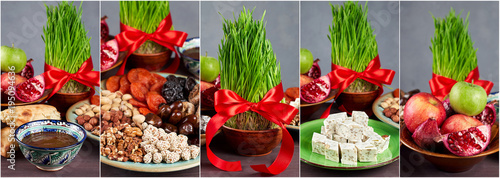 Traditional Azerbaijan sweet cuisine of holiday Nowruz. Collage background