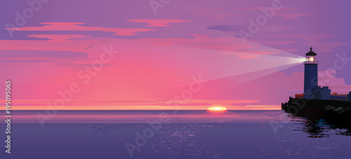 Vector sea landscape with lighting lighthouse at sunset or sun rise. Design template in trendy style navigational and travel concept. Biblical Beacon.