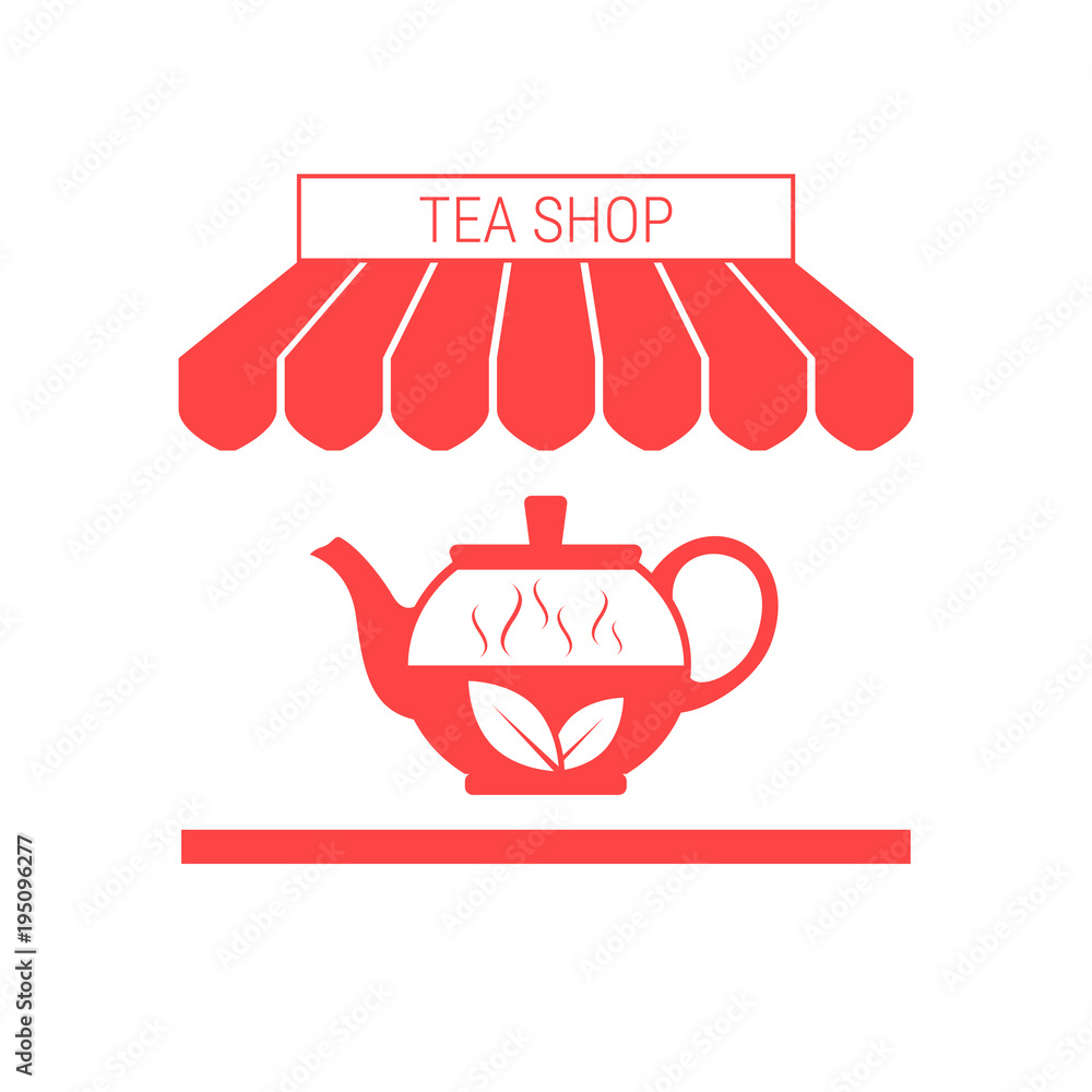 Tea Shop Single Flat Vector Icon. Striped Awning and Signboard Tea Shop Single Flat Vector Icon. Striped Awning and Signboard